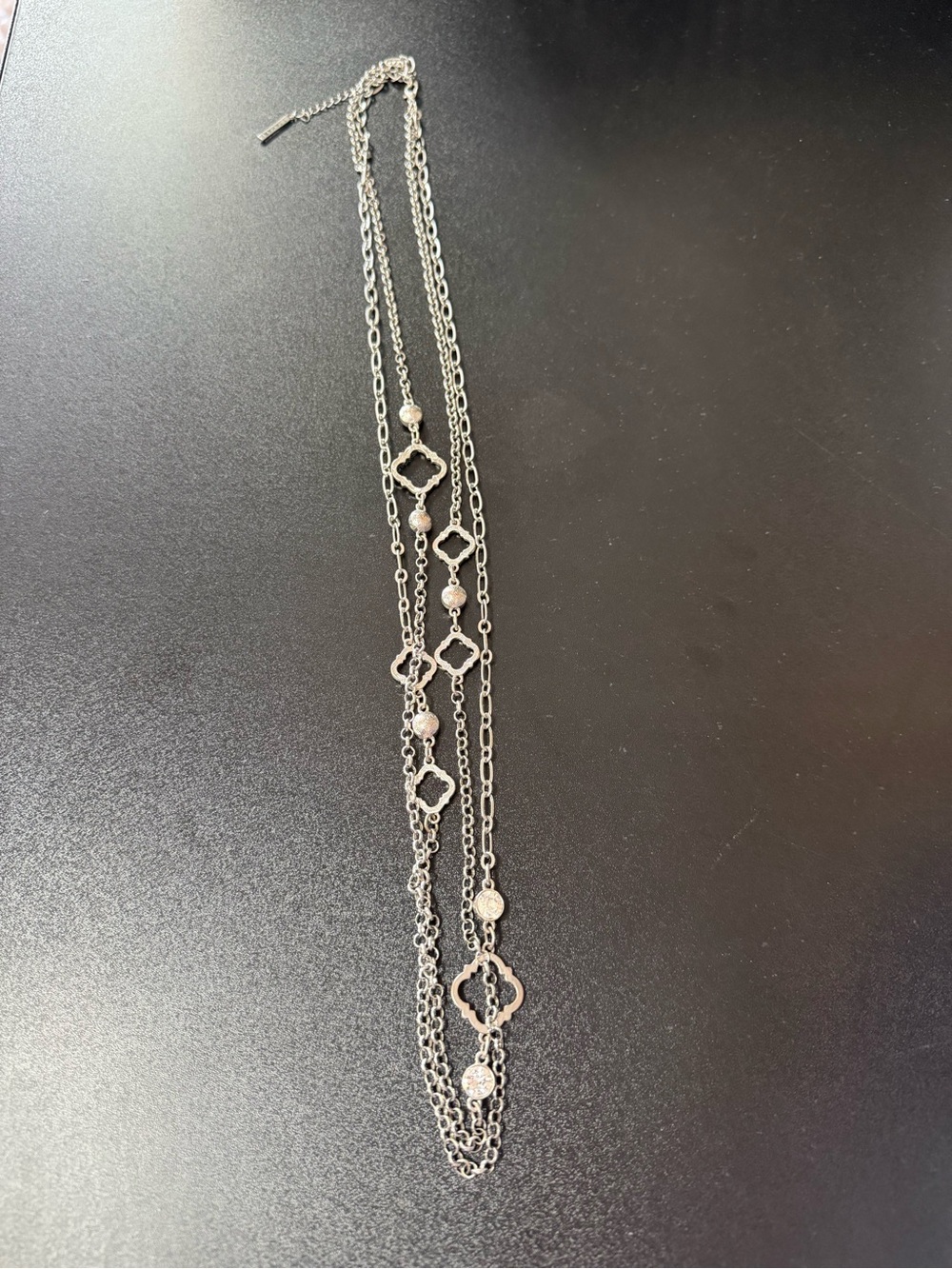 Tahari Silver Layered Quatrefoil and Station Pendant Necklace